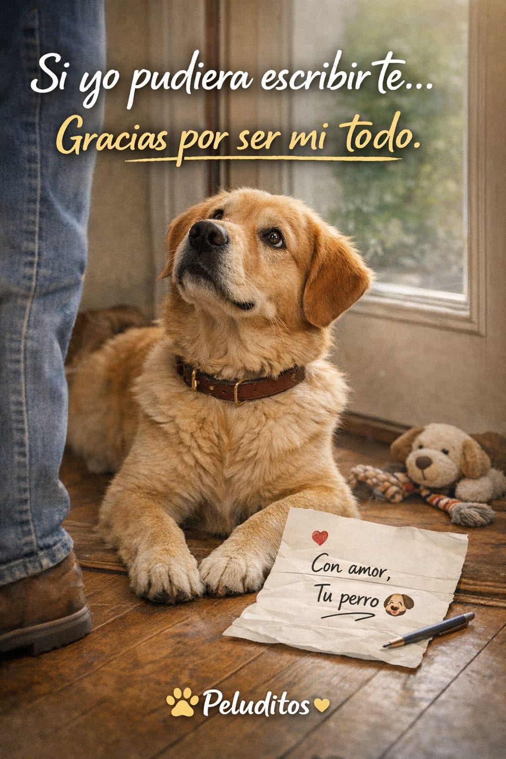 Perro tipo golden retriever acostado en el piso mirando con ternura a su dueño junto a una carta que dice "con amor, tu perro", en un ambiente cálido de hogar con luz natural y un juguete a su lado.