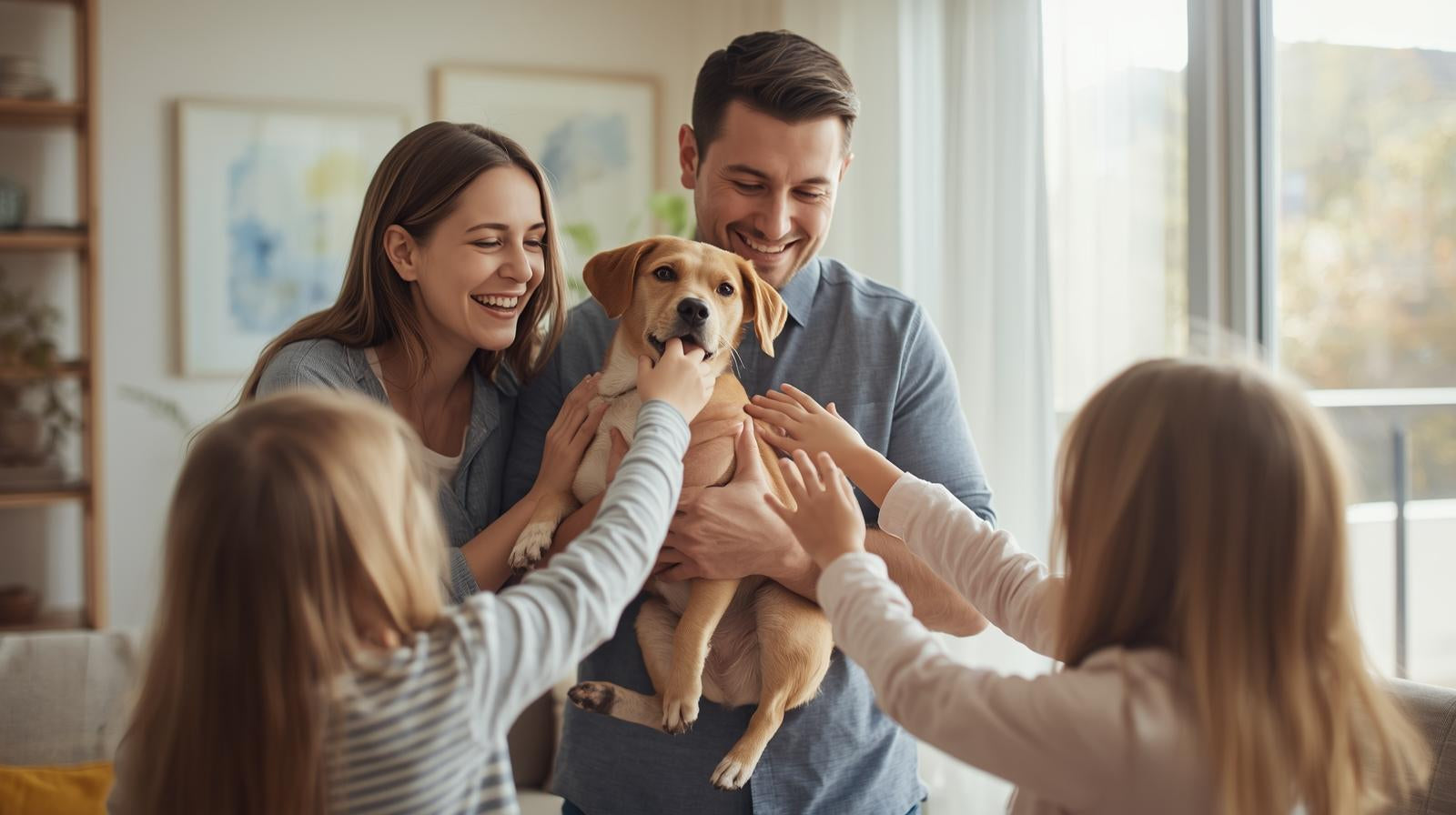Familia recibiendo a su perro adoptado por primera vez.