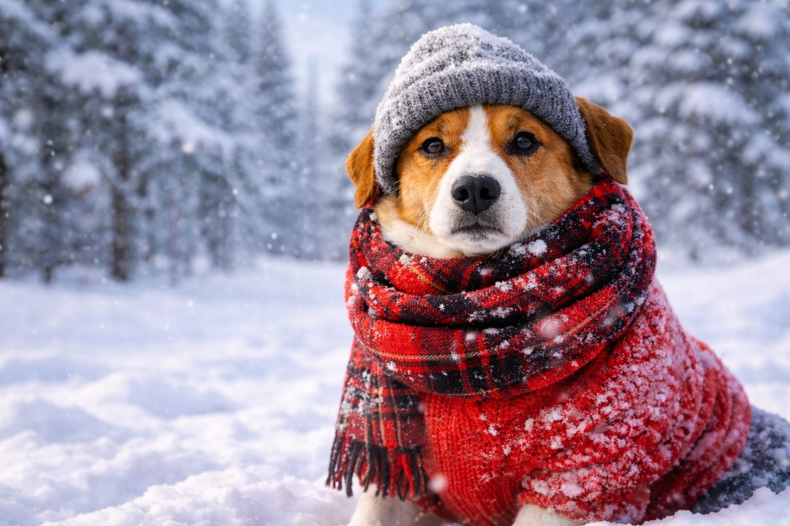 Perro abrigado en invierno con ropa térmica caminando en la nieve