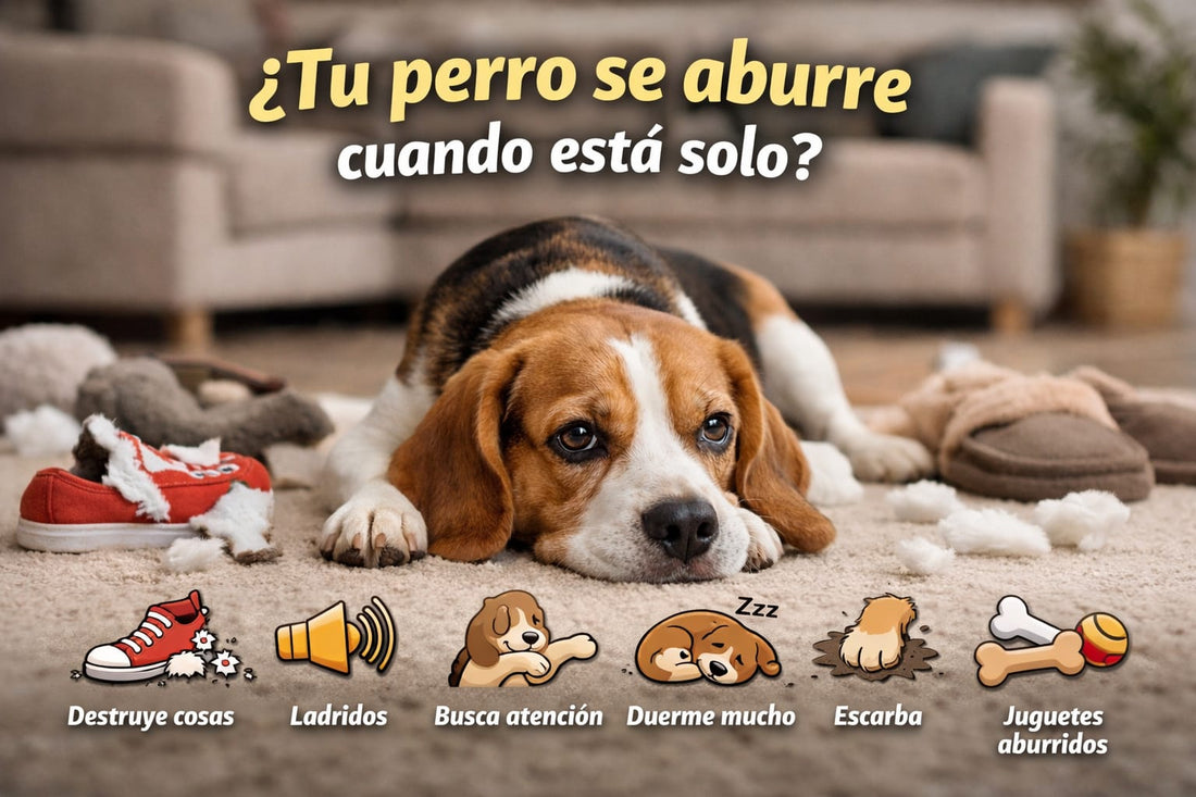 Perro acostado en el piso rodeado de juguetes mientras un gráfico explica señales de aburrimiento en perros cuando se quedan solos en casa.