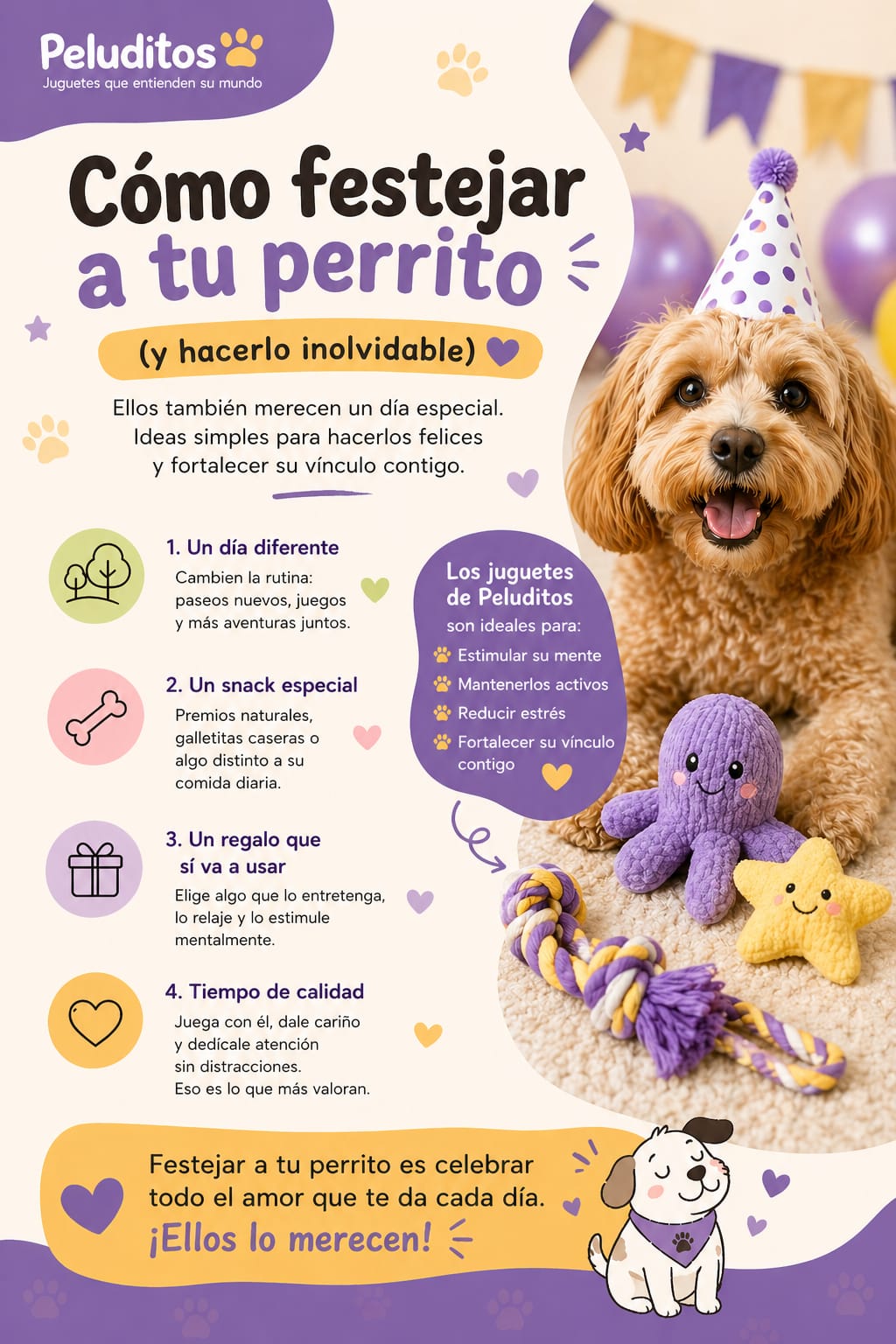 Perro feliz celebrando con juguetes para perros de Peluditos, ideas para festejar a tu perrito en casa