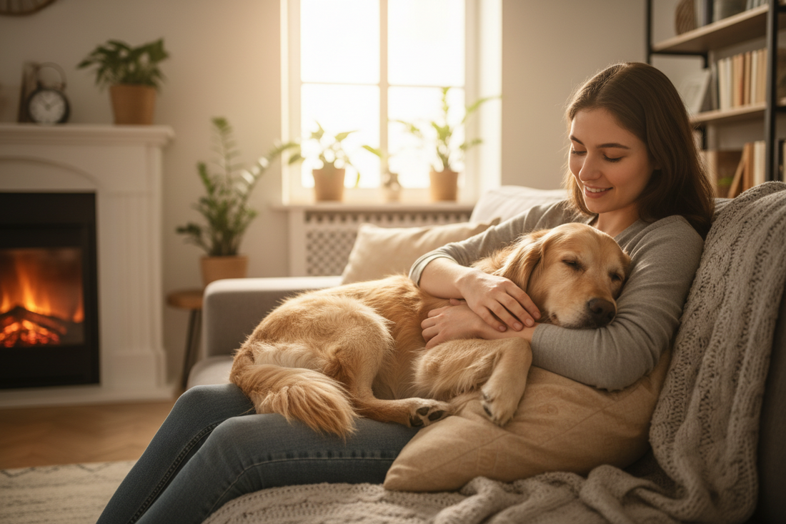 Perro feliz recibiendo caricias de su dueño
