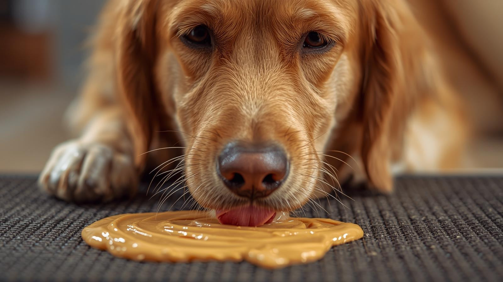 Perro usando licking mat con mantequilla de maní como enriquecimiento mental