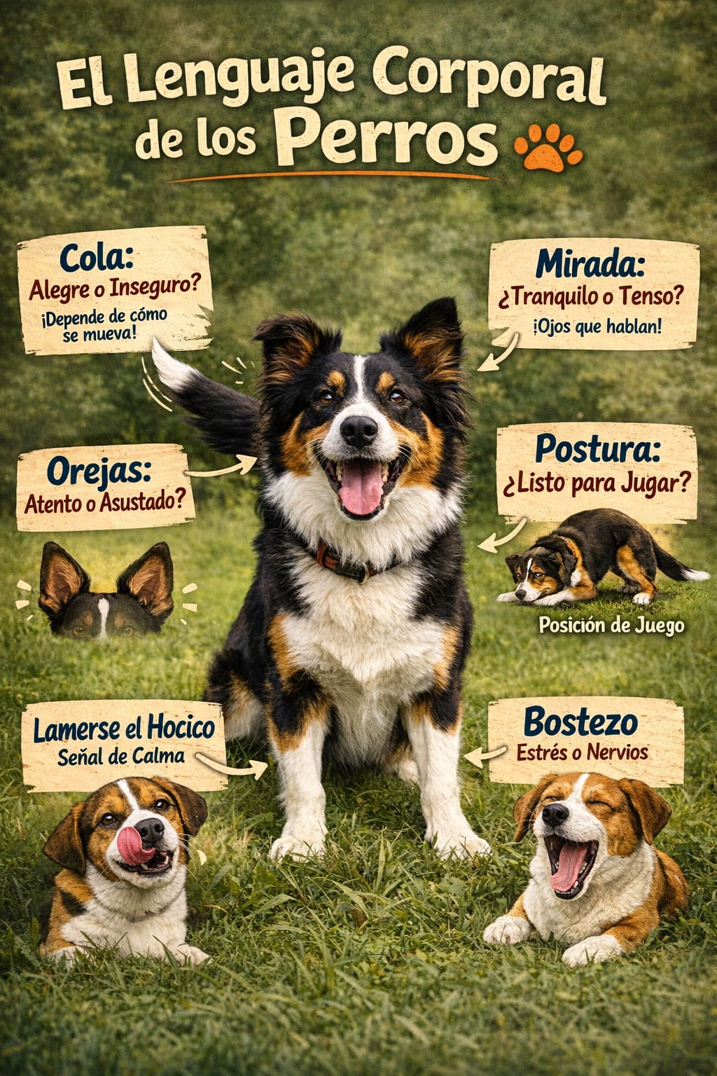 Infografía sobre el lenguaje corporal de los perros mostrando señales como movimiento de cola, postura de juego, bostezos y lamido de hocico,
