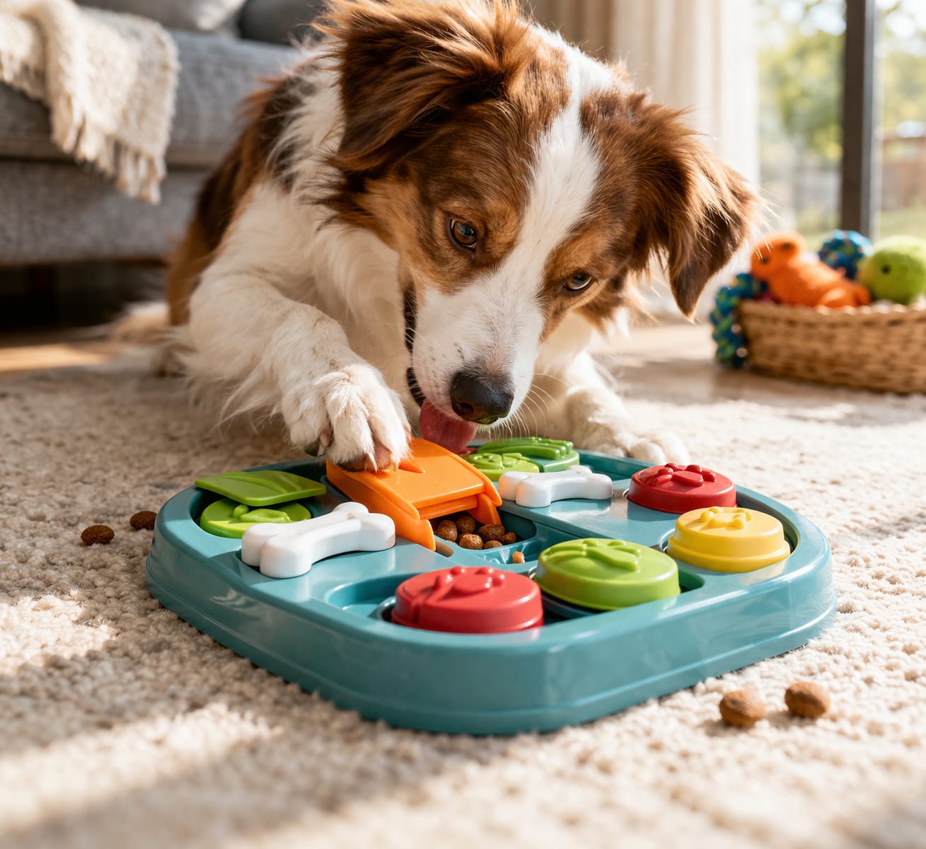 Perro jugando con un rompecabezas interactivo en casa, usando su pata y nariz para encontrar premios escondidos en un juguete de estimulación mental.