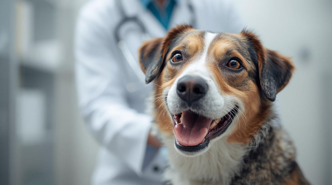 Perro en consulta veterinaria recibiendo revisión médica para cuidar su salud